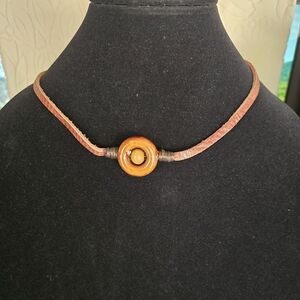Rustic Brown Leather Cord Necklace Artisan Style Wooden Pendant Boho